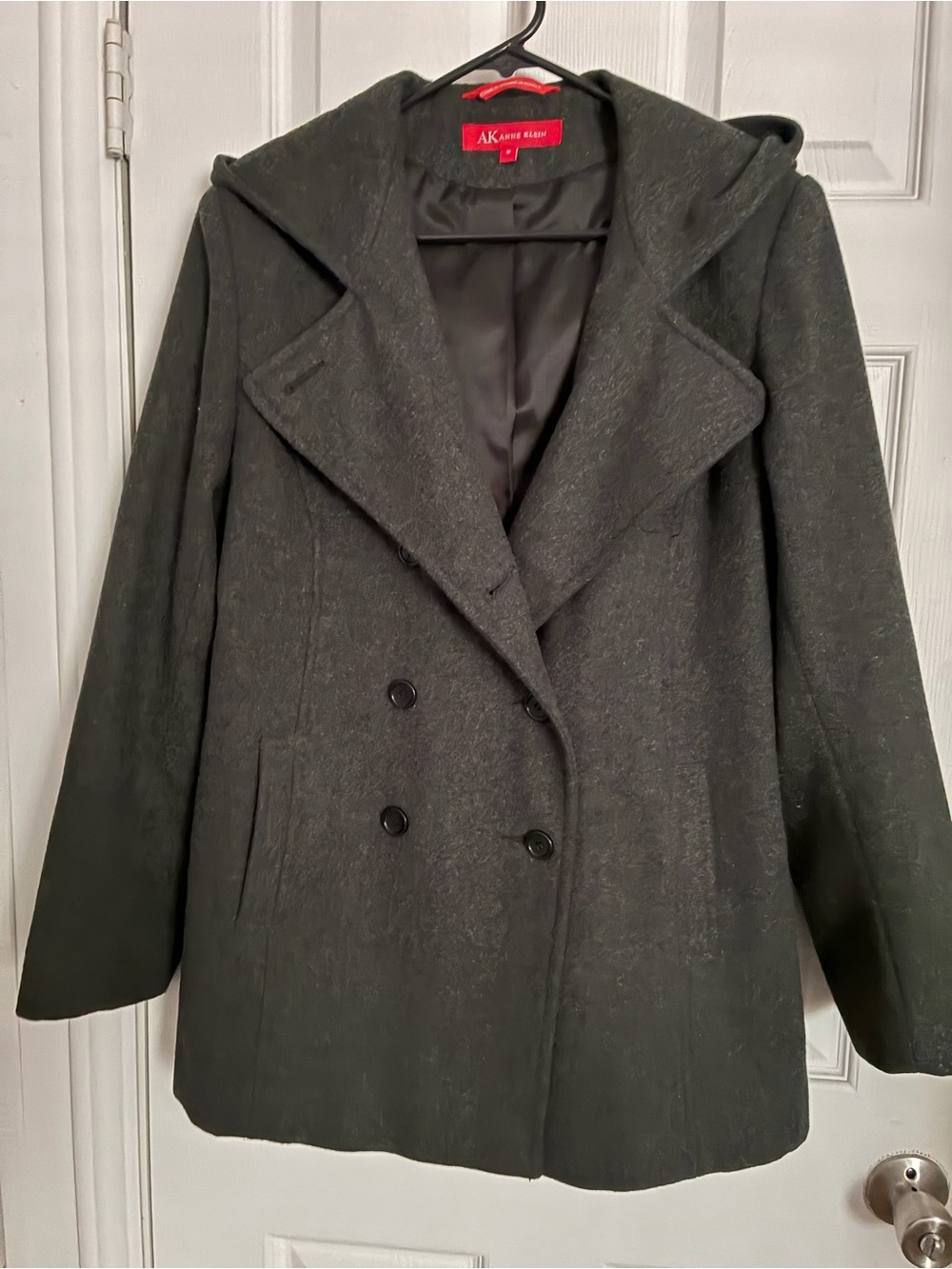 Anne Klein Dark GrayHooded Double-Breasted Wool-Blend Pea Coat